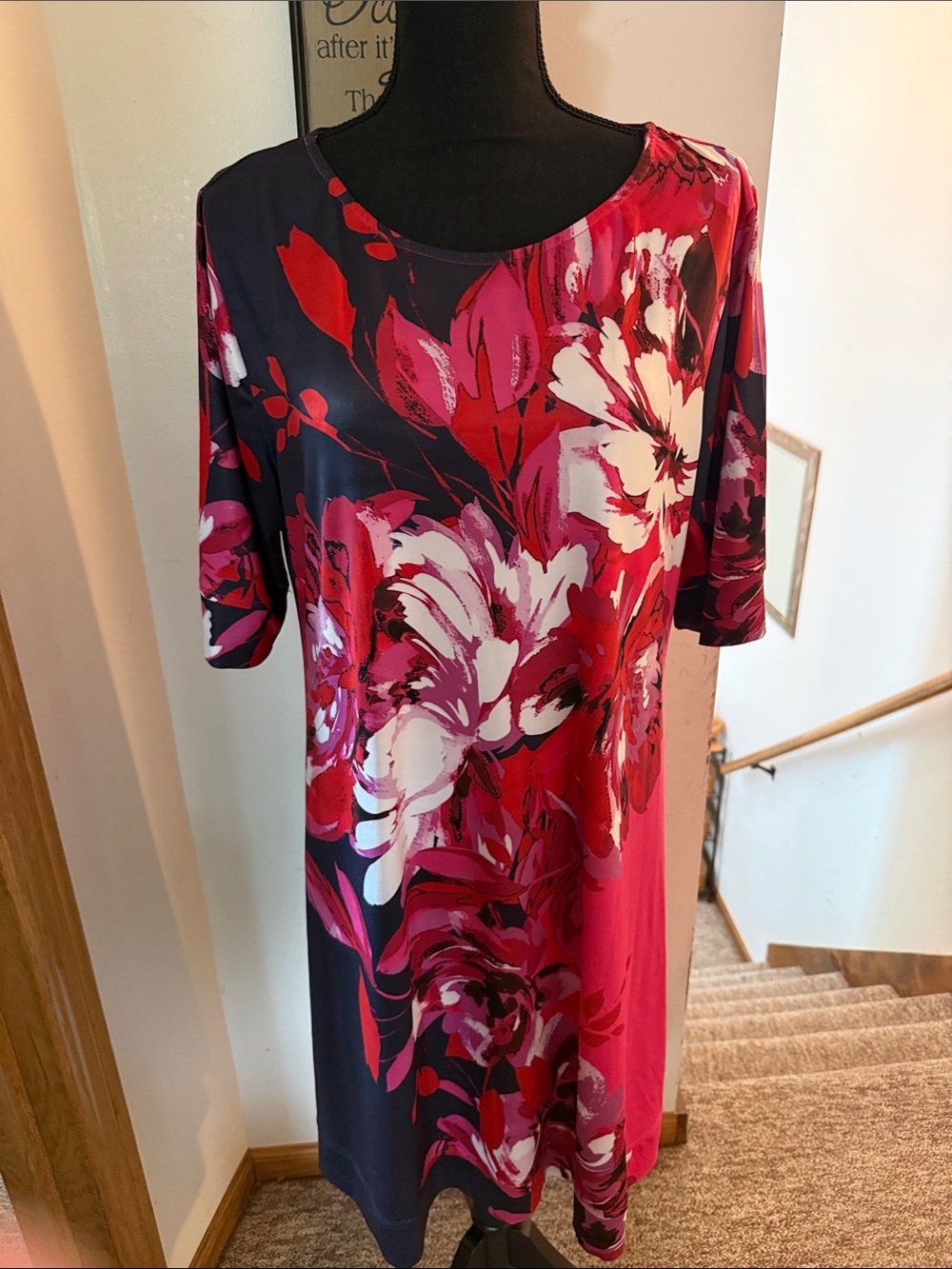 Floral Midi Dress in Fuchsia and Navy